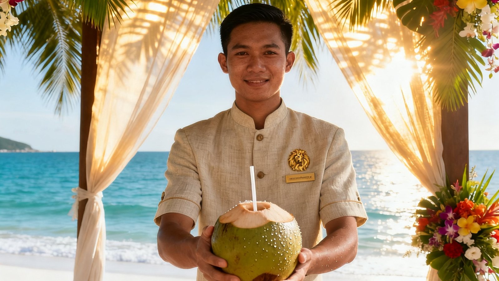 三亚海边婚礼的贵宾接待区，金狮礼宾专员穿着亚麻质感的浅色制服，在棕榈叶与热带花卉装饰的凉亭下为来宾送上冰镇椰子水，背景是碧蓝海面与白色沙滩，阳光透过纱幔洒下斑驳光影。
