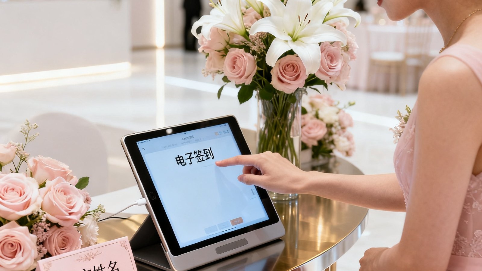 明亮现代的婚礼签到区，桌面上摆放着iPad智能签到设备、定制名牌和鲜花装饰，来宾正在用手指轻触屏幕完成电子签到，背景是简约优雅的婚礼现场布置。